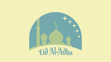 Eid Al-Fitr Mubarak. Greeting card with mosque and stars in the background. Eid theme. Vector illustration.