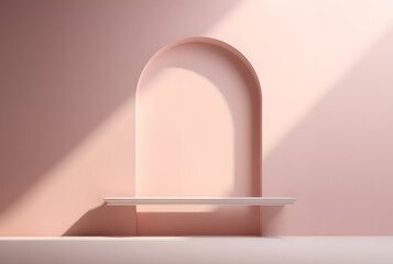 Creative interior concept. Large empty pastel pink coral wall room facade design with natural shadow. Banner template for product presentation. Mock up 3D rendering 
