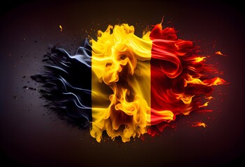 National flag of Belgium made from colored fire or smoke isolated on black background. Abstract silky wave background.