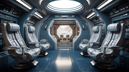 Futuristic interior of spaceship in space empty deck with big comfortable chairs and modern equipment with view on stars and planets, AI-Generated background