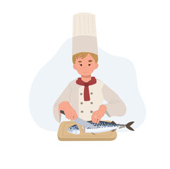 Professional female chef cutting fresh japanese mackerel fish on wooden cutting board. Saba. Flat vector cartoon illustration