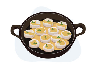Fried scallops with butter sauce in a pan. seared sea scallops. cartoon vector illustration