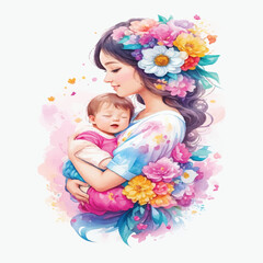 Watercolor Illustration of Mother with Newborn in a Calming Environment