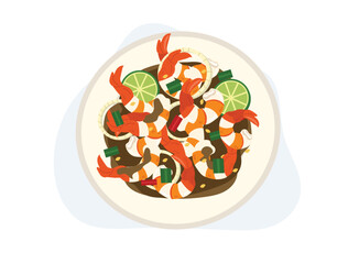 Spicy cooked Shrimp Salad or cooked Shrimp in pickle Fish Sauce. Delicious food. Thai food. top view. cartoon vector illustration