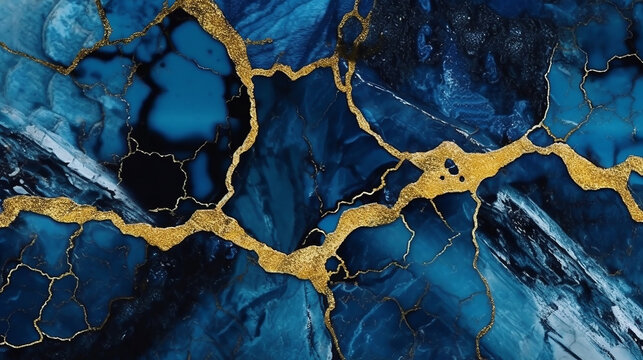 Generative AI. Sapphire blue marble stone with gold vein. Vivid graphite texture geode wallpaper background