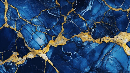Generative AI. Sapphire blue marble stone with gold vein. Vivid graphite texture geode wallpaper background