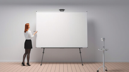 Lady with orange hair shows item on an empty white board, AI generated, KI Image, Business slide deck, presentation, poster, whiteboard