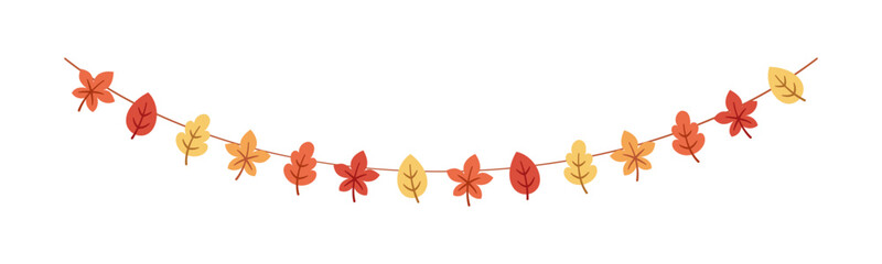 Autumn leaves garland in orange and red colors for Fall and Thanksgiving season. Vector isolated on white background.