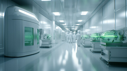 Concept of laboratory, clean space, clean halls, locked halls and hallways with lights, futuristic equipment, modern equipment bio laboratory big factory, AI-Generated