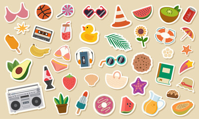 Fototapeta na wymiar Summer Digital Sticker Set. Cute Clipart in Flat Vector Style. Collection of Colorful Graphic Design Template