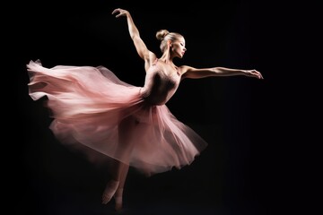 A close - up shot of a dancer in mid - air, frozen in a graceful pose. Generative AI