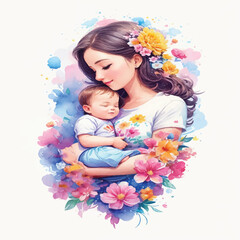 Obraz na płótnie Canvas Watercolor Illustration of Mother with Baby in a Blissful State of Blissful Parenthood