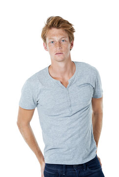 Man, portrait and model with confidence, fashion and beauty with ginger hair isolated on transparent png background. Gen z, youth and serious male person with casual clothes and redhead posing
