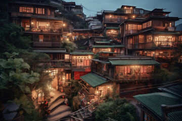 Scenery of wooden village stockade in the evening