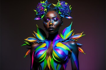 Haute couture or high fashion design in vivid colorful makeup on woman model on isolated background. Contemporary abstract art design of beautiful dress in flower style. Superb Generative AI. - obrazy, fototapety, plakaty