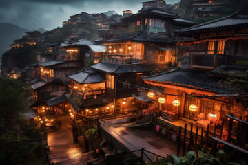 Scenery of wooden village stockade in the evening