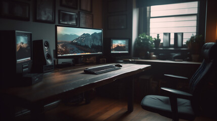 Fototapeta premium Closeup neatly arranged computer work desk with atmosphere, indoors