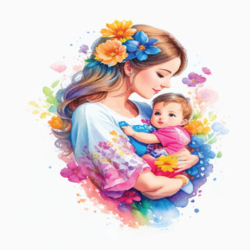 Watercolor Illustration of Mother and Baby in Loving Embrace for Photo Stock