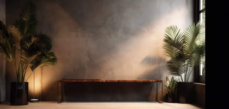 Loft  contemporary interior mockup. Empty spacious apartment, room with concrete texture wall with tropical plants. Overlay shadow effect. Place for text. Minimal background. Generative ai.