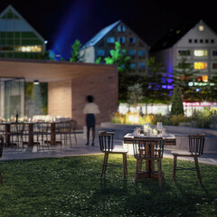Visualization of an Modern Exterior Restaurant Area Composed Inside a Historical City Center (focus on foreground) -  3D Visualization