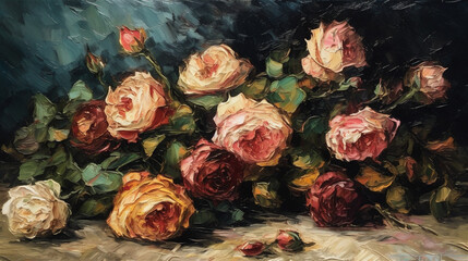 Closeup shot of beautiful bouquet of flowers, oil painting effect