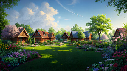 Idyllic green village environment. Digital art. Fantasy art. Digital manipulation. 3D Environment. 3D Illustration