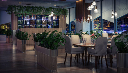 Modern Restaurant in Sustainable Interior Design by Night - 3D Visualization