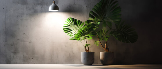 Loft  contemporary interior mockup. Empty spacious apartment, room with concrete texture wall with tropical plants. Overlay shadow effect. Place for text. Minimal background. Generative ai.