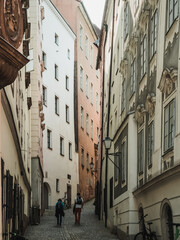 Street of the old town in Linz. Narrow street of an old European city. Street among old houses