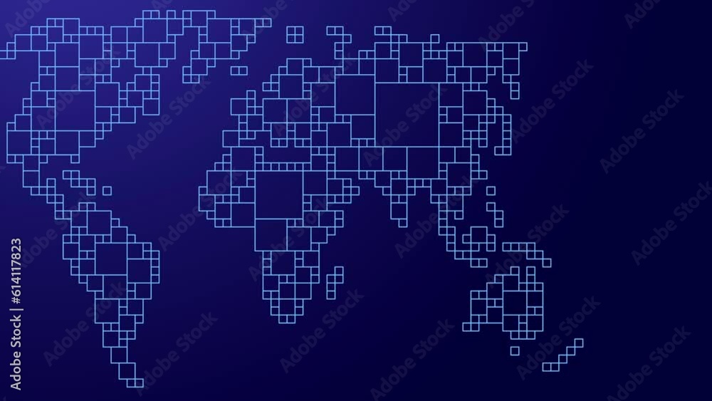 Poster world map of abstract of squares of different sizes on dark blue background