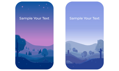 Vector flat nature landscape illustration cards. Simple vertical 2d landscape scenes with text. Flat design.