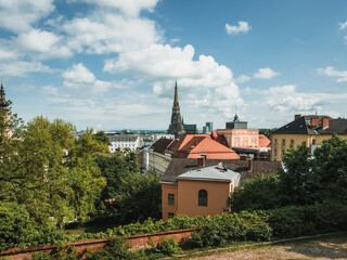 Fototapeta na wymiar Panoramic view of Linz, Austria. European city in the hills