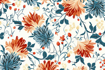 Fototapeta na wymiar Pattern of leaves and blooming flowers. Deep red and blue colors on white background. Generative AI