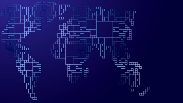 World map of abstract of squares of different sizes on dark blue background
