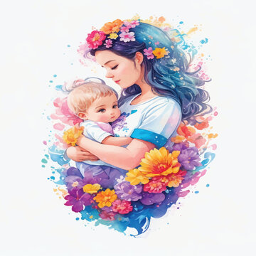 Watercolor Artwork of Mother with Baby for Photo Stock of Joyful Motherhood