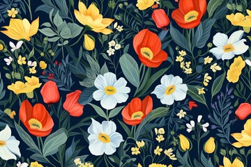 Obraz premium Abstract floral pattern. Blooming flowers on dark background. Vibrant colors. Generative AI
