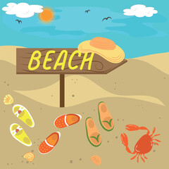 Sign the beach with slippers, a crab and a hat near it