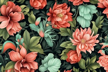 Pattern of leaves and blooming flowers. Deep red and green colors on dark background. Generative AI