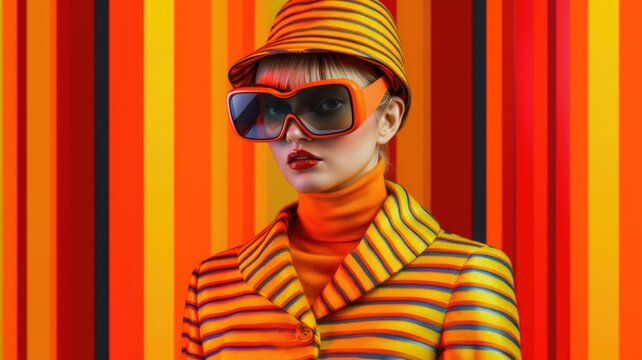 Fototapeta Young female model wearing VR posing with trendy fashion outfit and colorful orange optical art abstract background. Picturesque generative AI