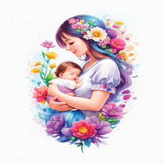 Obraz na płótnie Canvas Watercolor Art Design of Mother Holding Baby for Photo Stock of Maternal Love
