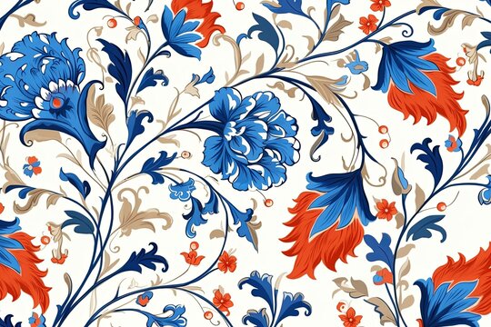 Fototapeta Pattern of leaves and blooming flowers. Vivid colors on white background. Generative AI