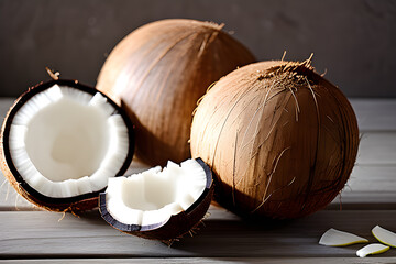coconuts with a cut in half on a wooden table
