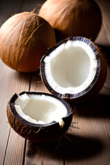 four coconuts on a wooden table