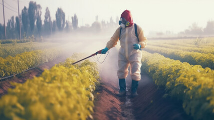 Fototapeta na wymiar a worker or farmer in a protective suit and spray mask processes rows of plants in a field or garden. Insecticide and chemistry on a huge vegetable farm. Generative AI 