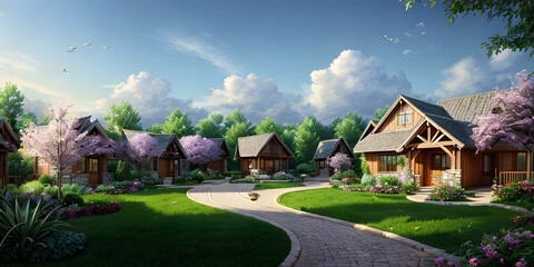 Idyllic green village environment. Digital art. Fantasy art. Digital manipulation. 3D Environment. 3D Illustration