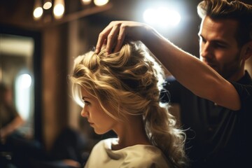 Fototapeta premium A close - up shot of a fashionable male hair stylist shaping a woman's hair in a luxurious women's salon. Generative AI