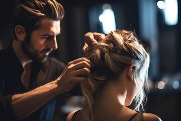 Naklejka premium A close - up shot of a fashionable male hair stylist shaping a woman's hair in a luxurious women's salon. Generative AI