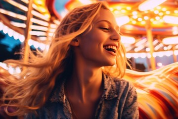A close - up shot of a girl, her hair blowing in the wind, as she rides a carousel at an amusement park. Generative AI