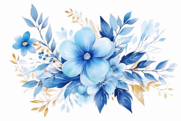 Fototapeta na wymiar Watercolor painting of blue flowers and leaves isolated on white background created with Generative AI technology