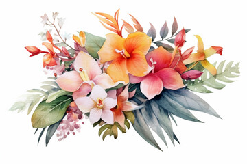 Watercolor painting of flowers and leaves isolated on white background created with Generative AI technology